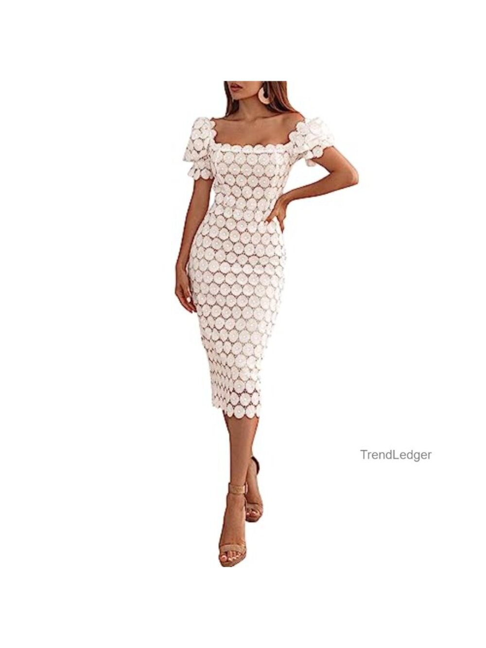 Elegant Floral Lace Off Shoulder Short Sleeve Bodycon Midi Dress Semi Formal